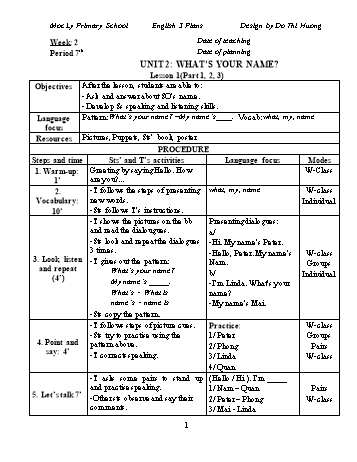 Giáo án Tiếng Anh Lớp 3 - Unit 2: Whats your name? - Đỗ Thị Hương