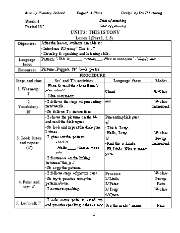 Giáo án Tiếng Anh Lớp 3 - Unit 3: This is Tony - Đỗ Thị Hương