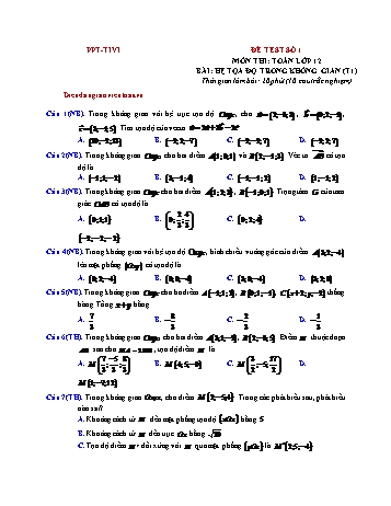 Ôn tập Hình học Lớp 12 - Đề test số 1: Hệ tọa độ trong không gian