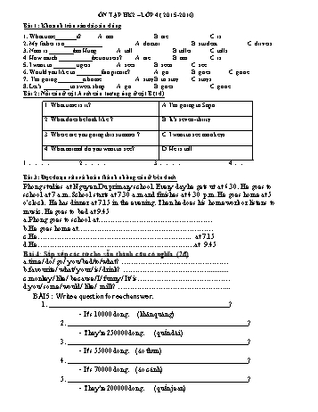 Ôn tập học kì 2 môn Tiếng Anh Lớp 4 - Năm học 2015-2016