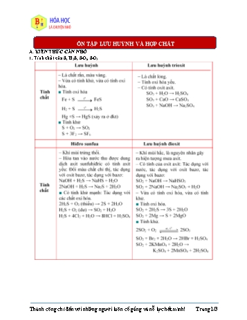 Ôn tập môn Hóa học Lớp 10 - Chủ đề: Ôn tập lưu huỳnh và hợp chất