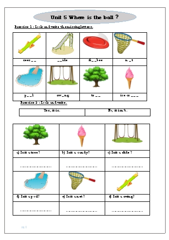 Phiếu ôn tập hè môn Tiếng Anh Lớp 1 - Unit 5