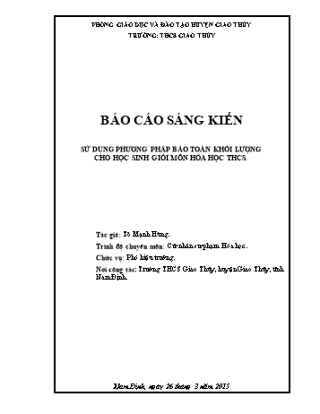 SKKN Sử dụng phương pháp bảo toàn khối lượng cho học sinh giỏi môn hóa học THCS
