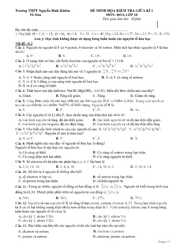2 Đề minh họa kiểm tra giữa kì I môn Hóa Học Lớp 10 - Trường THPT Nguyễn Bỉnh Khiêm