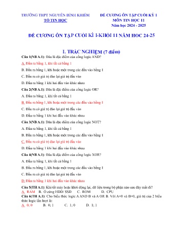 Đề cương ôn tập cuối học kì I môn Tin Học Lớp 11 - Năm học 2024-2025 - Trường THPT Nguyễn Bỉnh Khiêm