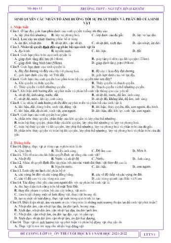 Đề cương ôn tập học kì I môn Địa Lí Lớp 10 - Trường THPT Nguyễn Bỉnh Khiêm