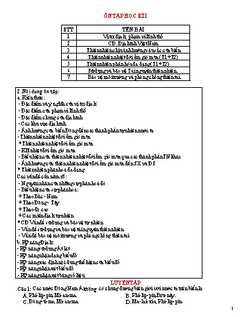 Đề cương ôn tập môn Địa Lí Lớp 12 - Tuần 15: Ôn tập học kì I