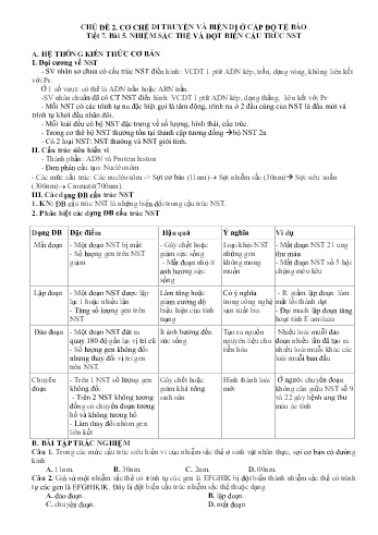 Đề cương ôn tập môn Sinh Học 12 - Tuần 4 - Chủ đề 2, Bài 5: Nhiễm sắc thể và đột biến cấu trúc NST