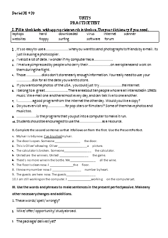Đề cương ôn tập môn Tiếng Anh 10 - Tuần 13 - Unit 5: Practice Test