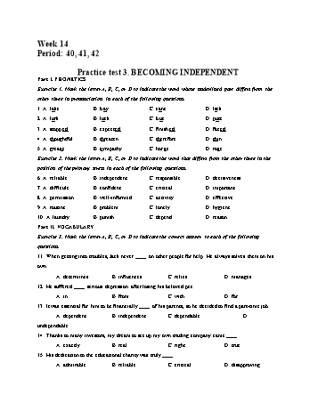 Đề cương ôn tập môn Tiếng Anh 11 - Tuần 14 - Period 40 +41+42 - Practice test 3
