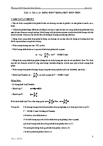 Đề cương ôn tập môn Vật Lí 11 - Tuần 13 - Tiết 25+26: Dòng điện trong chất điện phân - Trường THPT Nguyễn Bỉnh Khiêm