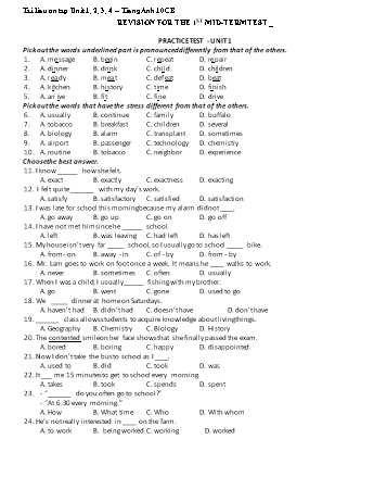 Đề cương ôn tập Tiếng Anh 10 - Tuần 9 - Ôn tập Unit 1 đến unit 4