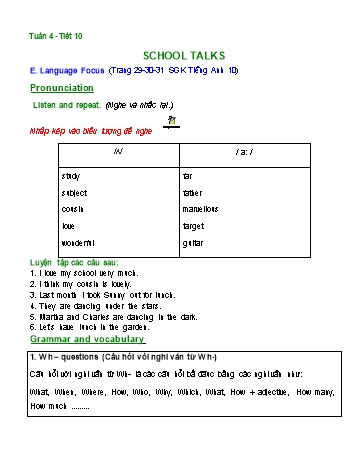 Đề cương ôn tập Tiếng Anh Lớp 10 - Tuần 4 - Tiết 10: School talks