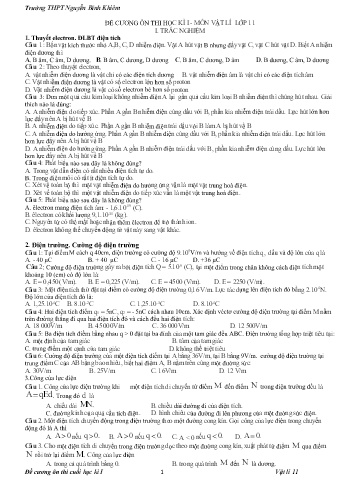 Đề cương ôn thi học kì I môn Vật Lí Lớp 11 - Trường THPT Nguyễn Bỉnh Khiêm