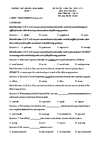 Đề ôn tập kiểm tra cuối kỳ II môn Tiếng Anh Lớp 10 - Đề 01 - Năm học 2022-2023 - Trường THPT Nguyễn Bỉnh Khiêm