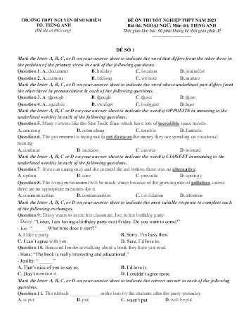 Đề ôn thi tốt nghiệp THPT năm 2023 môn Tiếng Anh - Đề số 1 - Trường THPT Nguyễn Bỉnh Khiêm (Có ma trận đề)