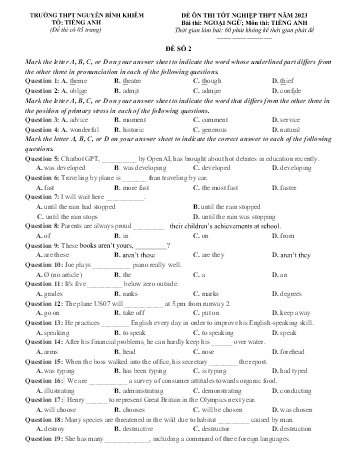 Đề ôn thi tốt nghiệp THPT năm 2023 môn Tiếng Anh - Đề số 2 - Trường THPT Nguyễn Bỉnh Khiêm (Có ma trận đề)