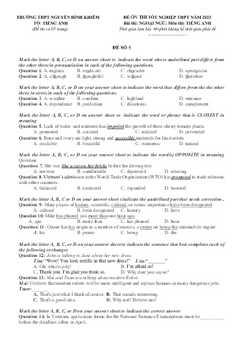 Ma trận + Đề ôn thi tốt nghiệp THPT năm 2023 môn Tiếng Anh - Đề số 5 - Trường THPT Nguyễn Bỉnh Khiêm