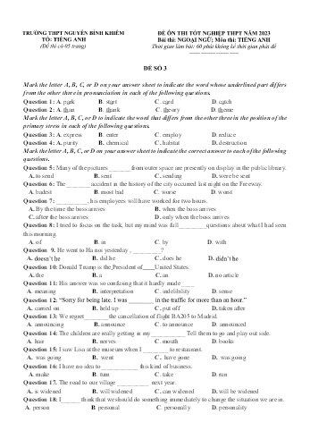 Ma trận + Đề ôn thi tốt nghiệp THPT năm 2023 môn Tiếng Anh - Đề số 3 - Trường THPT Nguyễn Bỉnh Khiêm