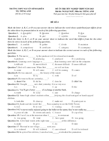 Ma trận + Đề ôn thi tốt nghiệp THPT năm 2023 môn Tiếng Anh - Đề số 4 - Trường THPT Nguyễn Bỉnh Khiêm